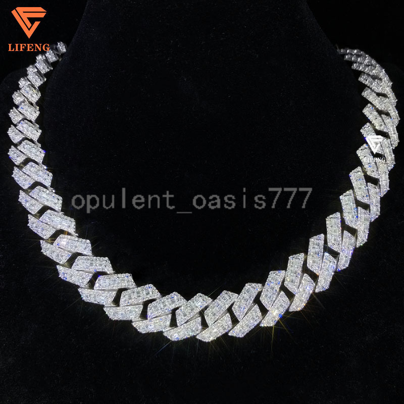 New 18mm Baguette Diamond Platinum Plated Cuban Chain 925 Sterling Silver Iced Out VVS Moissanite Necklace Hip Hop Custom Chain