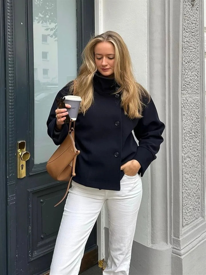 Vintage Double Breasted Women s Overcoats Solid Stand Collar Full Sleeve Pockets Short Jacket Lady Autumn Streetwears 250811