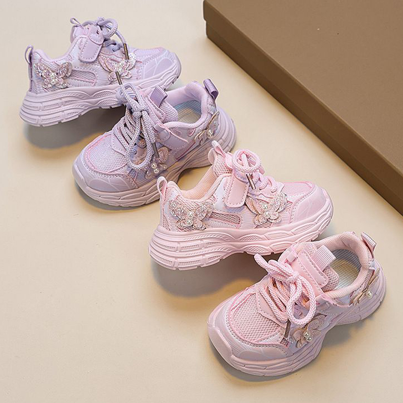 Chaussures pour enfants 2025 Nouveau enfant en bas âge pour filles chaussures de sport Perle papillon doux semelle respirante tennis extérieur mo