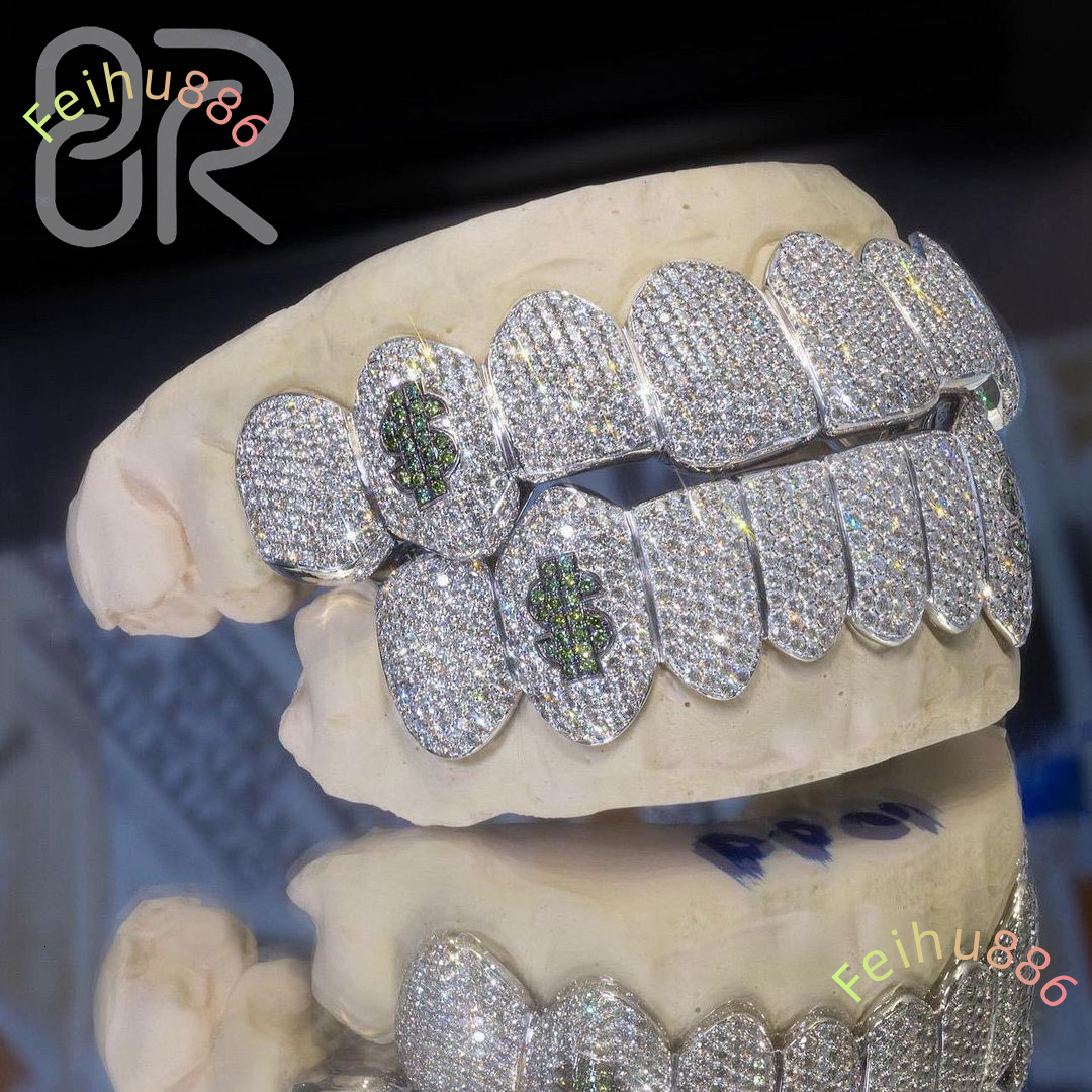 Custom Rich Ice Out Moissanite Grillz Open Face Round Brilliant Cut 925 Sterling Silver Hip Hop Jewelry Honeycomb Grilliz