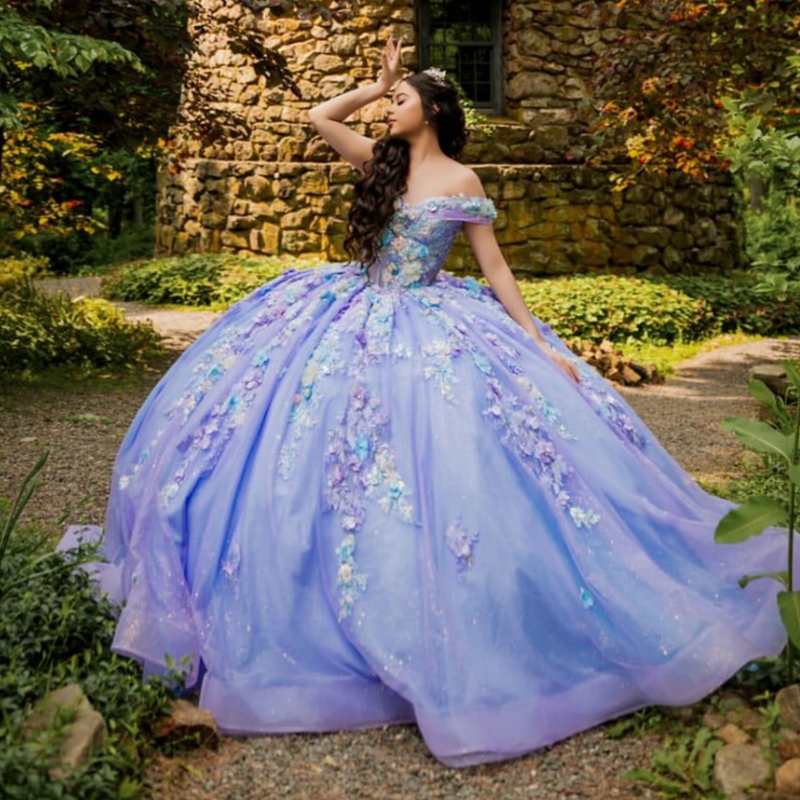 Lavande Shiny Princess Sweet 16 robe robe quinceanera robes appliques en dentelle perles tull fête d'anniversaire vestidos 15 de anos