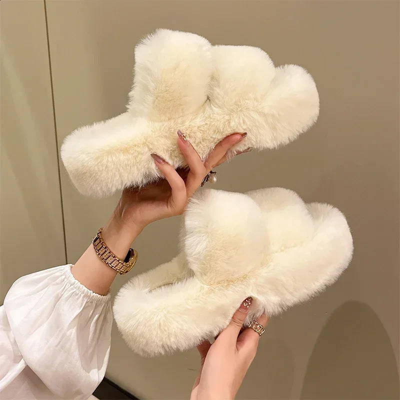 Winter Fluffy Slippers Women House Home Fur Slippers For Women Flat Platform Cozy Fuzzy Indoor Shoes Korean Slides 250812