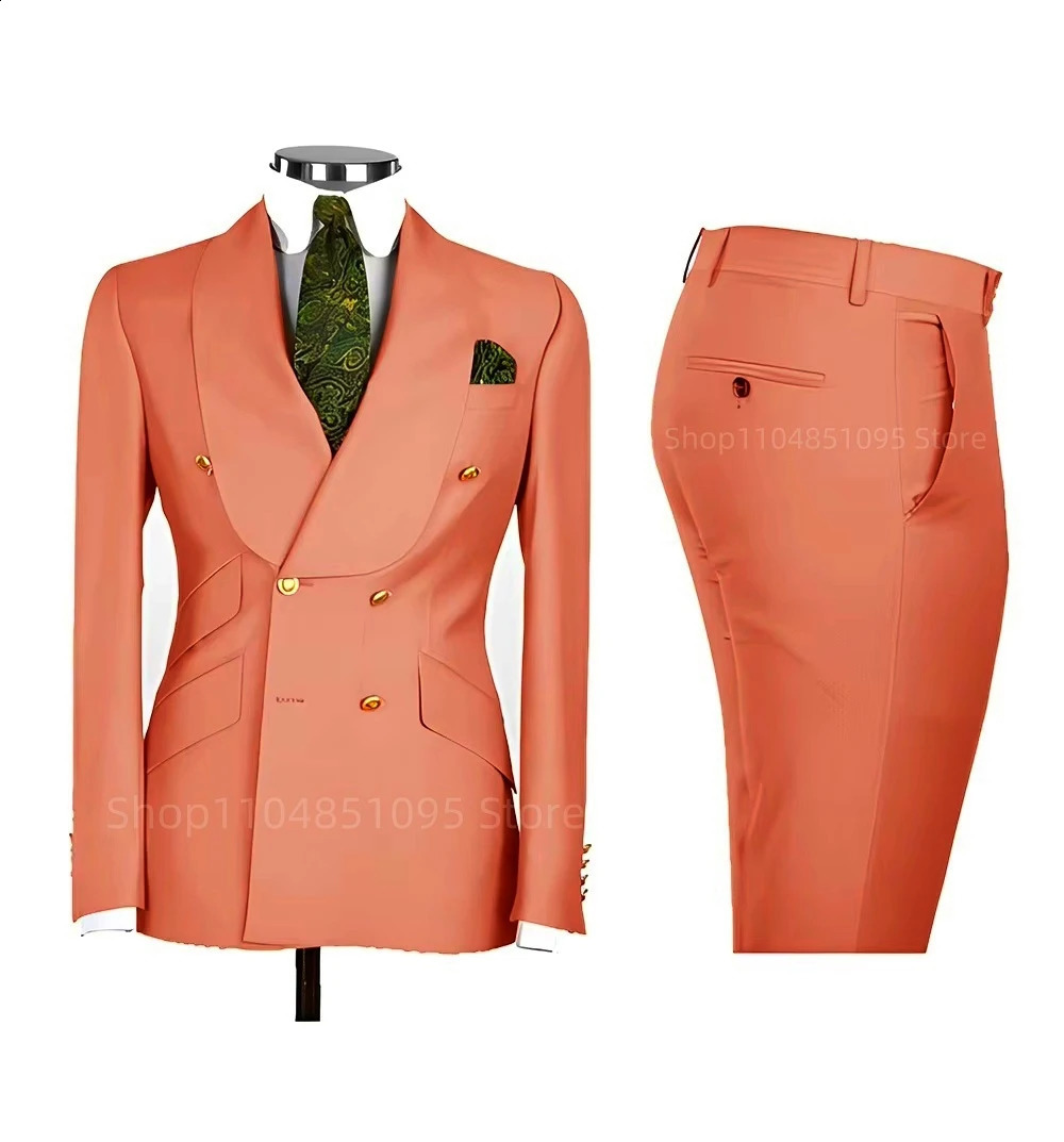 Elegant Mens Suits 2 Piece Set Six Gold Buttons Double Breasted Blazer Pants Business/Wedding Tuxedos Male Prom Party Men Suits 250811