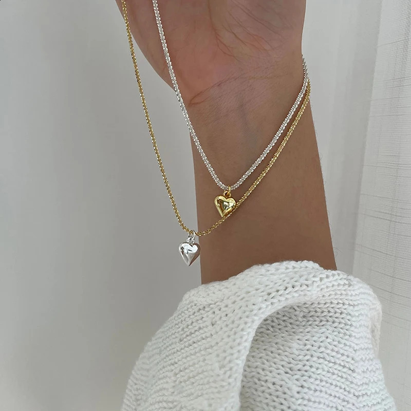 925 Sterling Silver Clash with Heart Necklace Heart Pendant Simple Choker Birthday Party Gift Womens Jewelry 250814