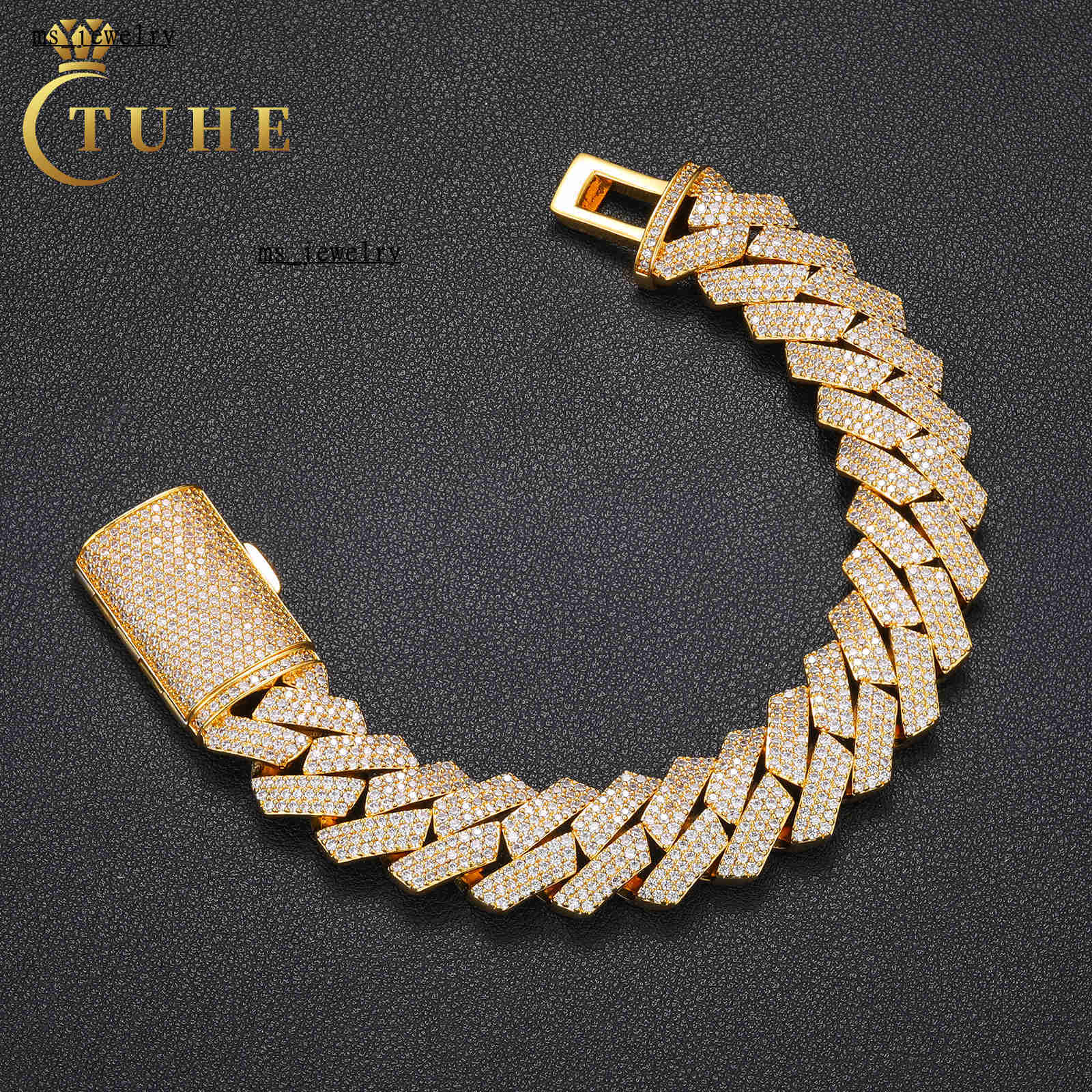 Fashion Mens Hip Hop Jewelry 16mm Solid Gold Plated Brass 3 Rows AAAAA Moissanite Diamond Iced Out Heavy Cuban Link Bracelet