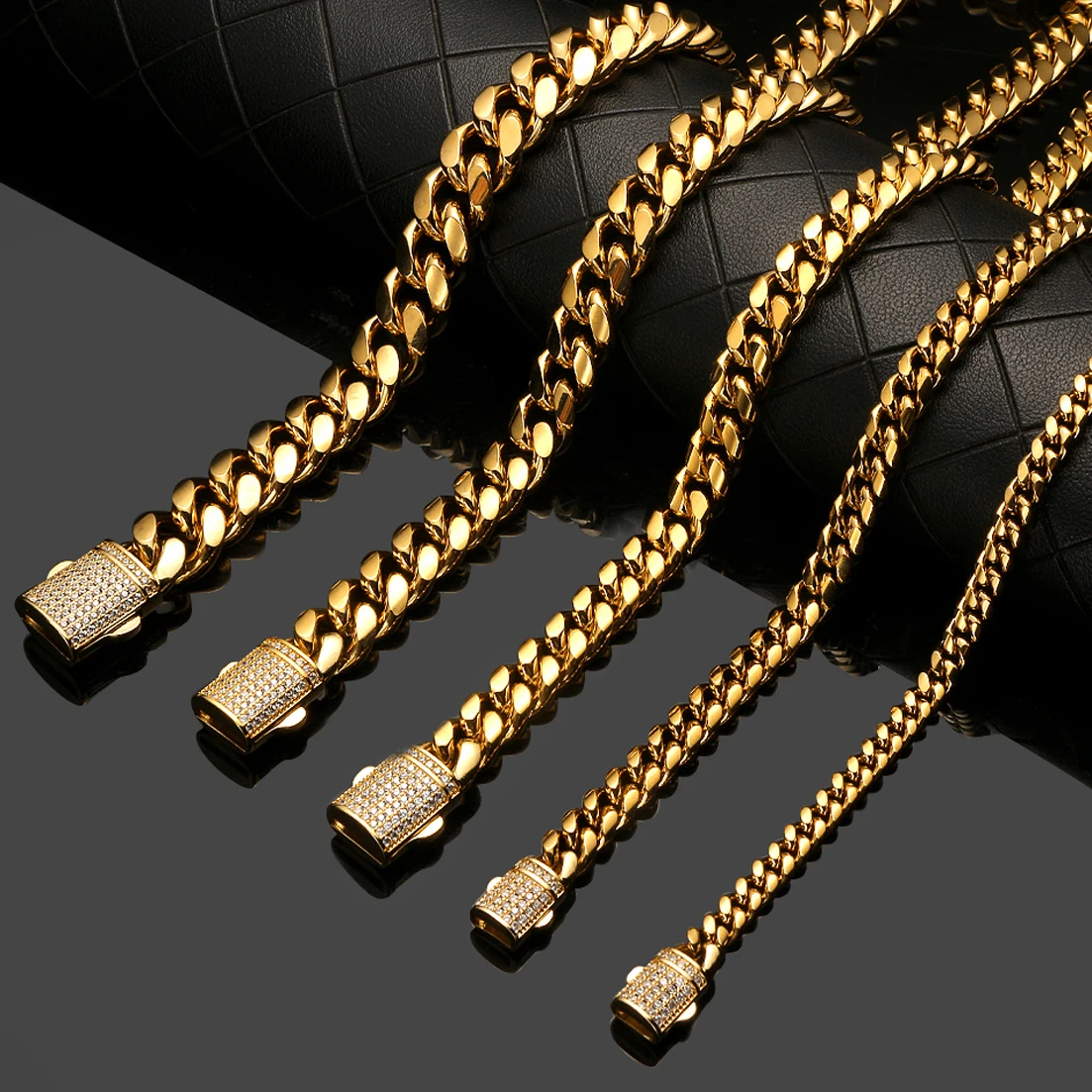 8mm-16mm 316L Stainless Steel Miami Cuban Link Chain Gold Necklace for Men Women Hip Hop Gold Chains Jewelry With Diamond Lock