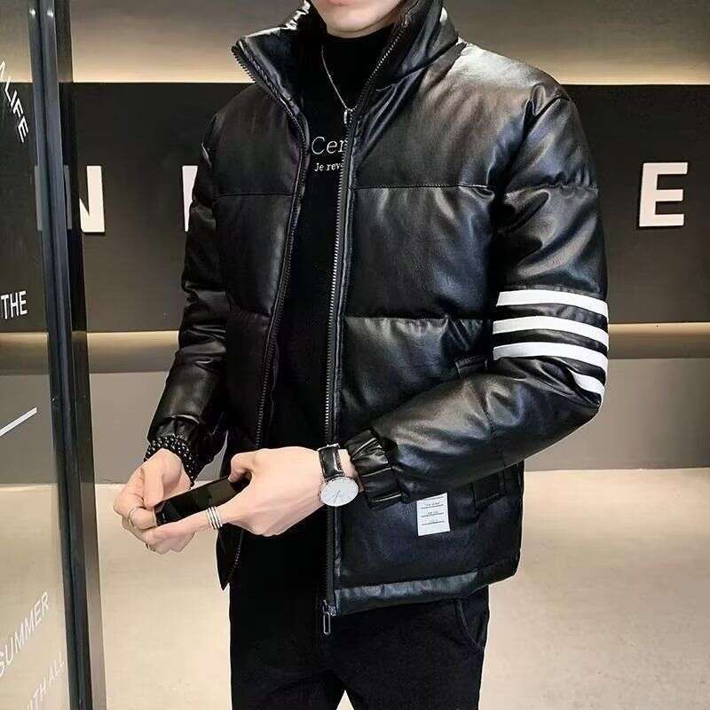 Veste en cuir PU en cols épaissie d'hiver pour garçons, veste en coton mince à quatre douilles à quatre doutes, pain