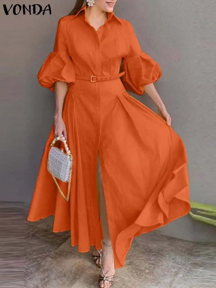 VONDA 2025 Elegant Maxi Dress Women Fashion Lantern Sleeve Buttons Big Swing Party Shirt Sundress Casual Solid Color Sundress 250808