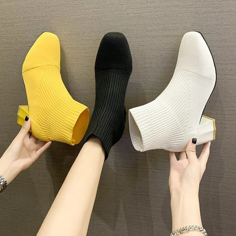 Spring and Autumn Square Toe Block Heel Kitchen Heel High Heel Knitted Booties Women Plus Size Women Boots 250815