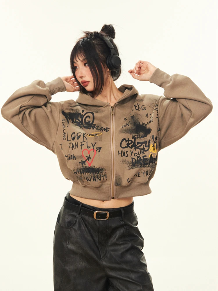Zoki Harajuku Y2K Cropped Hooded Women Vintage Streetwear Print Long Sleeve Sweatshirts Hip Hop Gothic American Retro Bf Tops 250814