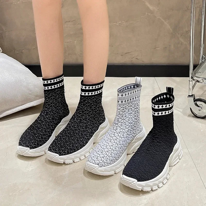 Womens Autumn Stretchy Knitted Ankle Boots Sock Style Slip on Retro Flat Sport Short Boots Female Shoes Botas De Mujer 250815