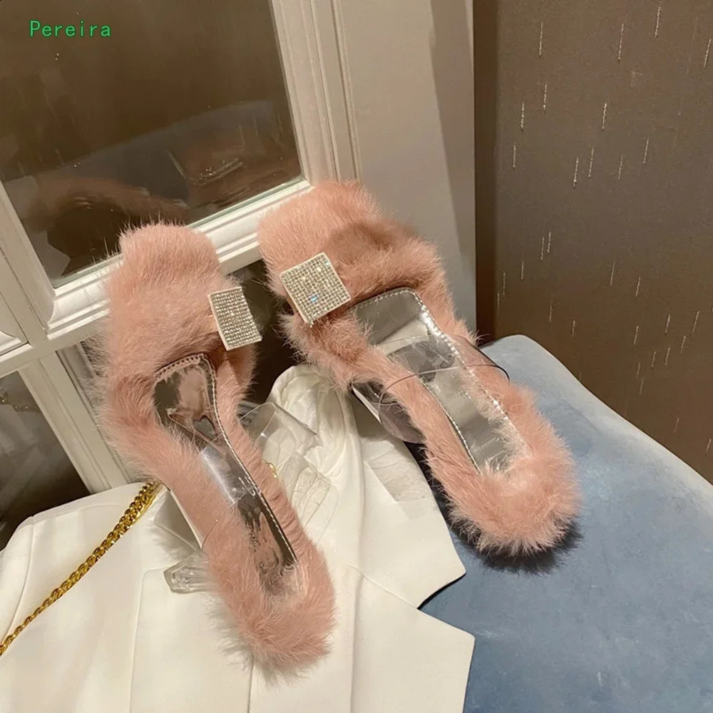 Pink Fluffy Rhinestone Slippers Summer Womens Arrival Slip-on Chunky Heel Square Toe Fashion Transparent Flip Flops 250812