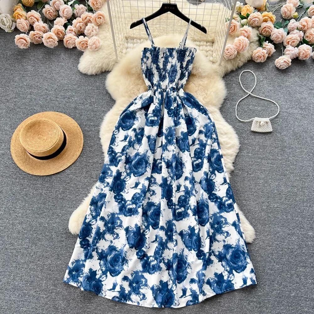 Summer Korean Fashion Rose Flower Print Romantic Retro Party Dress Elastic High Waist Vacation Long Dress Beach Vestido 250808