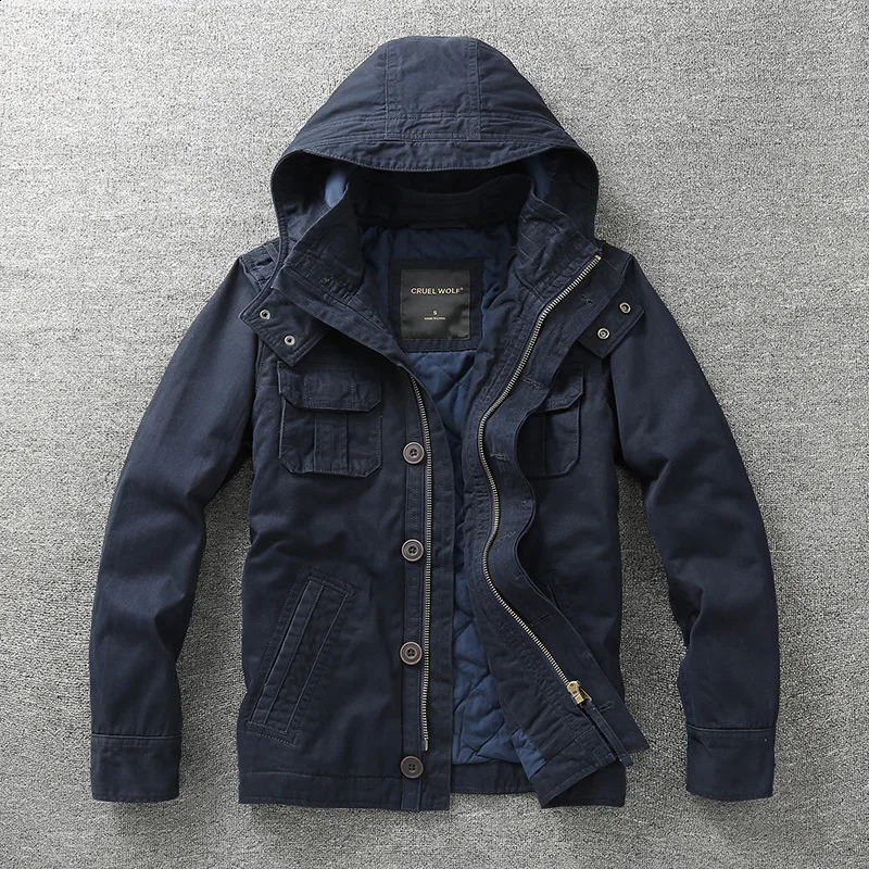 Men Jacket Denim Retro Cargo Hooded Jacketes Outdoor Multi Pockets Camo Tops Field Casual Fashion Hiking Coats Uniform 250811