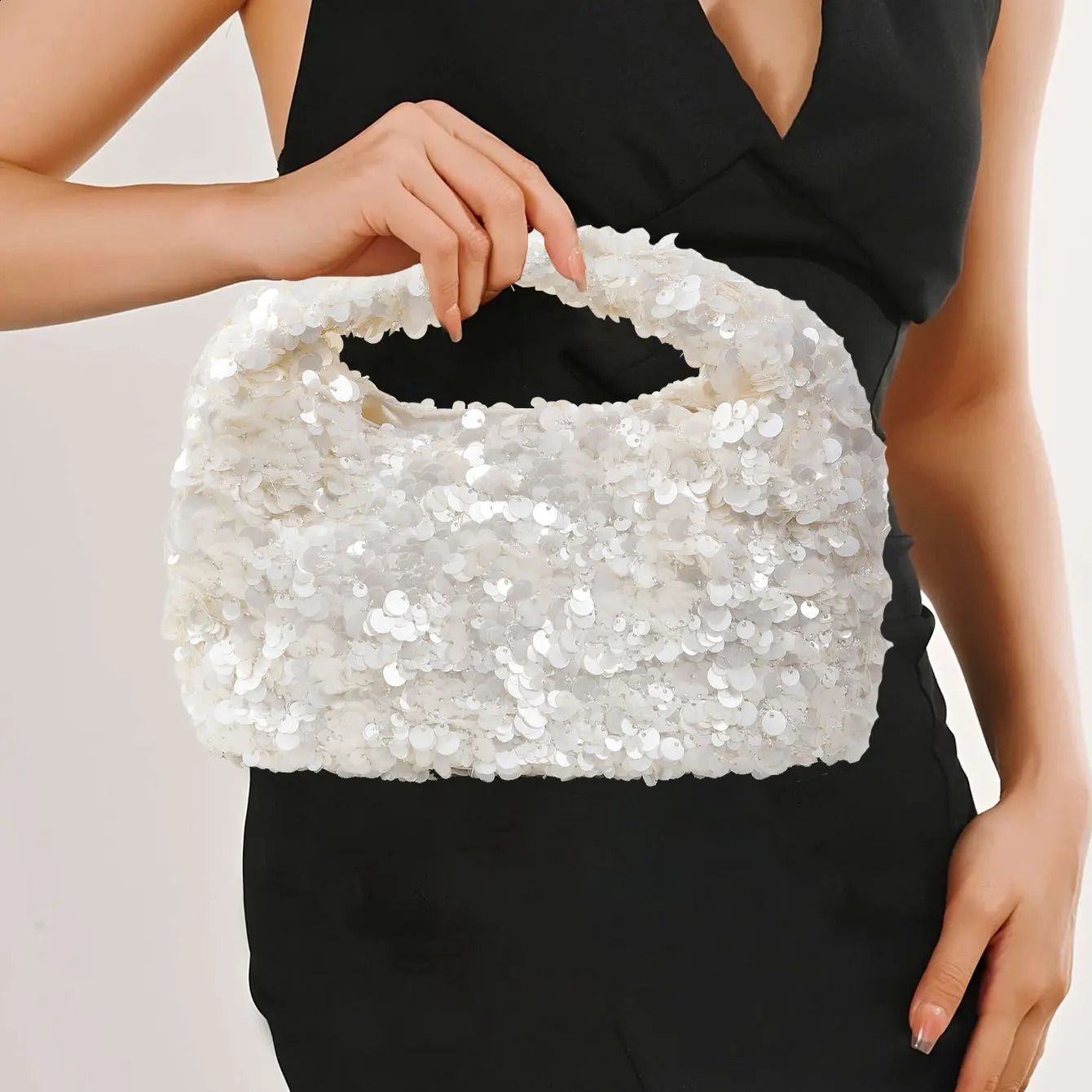 Women White Sequins Hobo Handbag Shiny Bucket Bag Elegant Evening Clutch Bag for Wedding Party Exquisite Small Tote Female Purse 250811