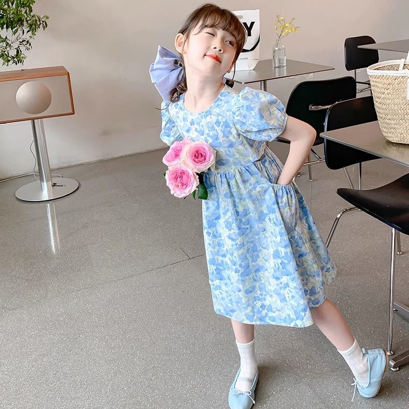 D223 Girls summer dress 2025 new style children&#039;s skirt summer little girl floral puff sleeve princess dress-image-1071525983
