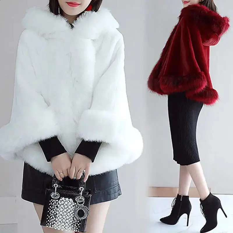 4 Colors Winter Women Faux Fox Fur Collar Poncho Cape Overcoat With Hat Big Pendulum Shawl Warm Out Streetwear Cloak For Wedding 250812