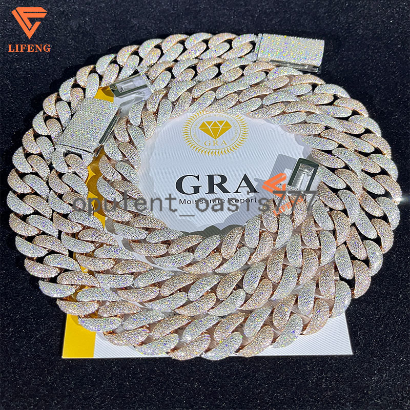 Lifeng Jewelry 18mm Two-Tone Cuban Link Chain VVS Moissanite Bubble Hiphop Pass Diamond Tester Sterling Silver Cuban Necklace