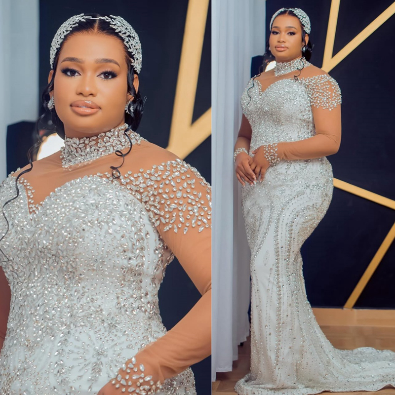 2025 Plus Size Ivory Luxurious African Wedding Dress Bridal Gowns For Bride Mermaid Wedding Gowns High Neck Long Sleeves Beaded Rhinestones Bridal D