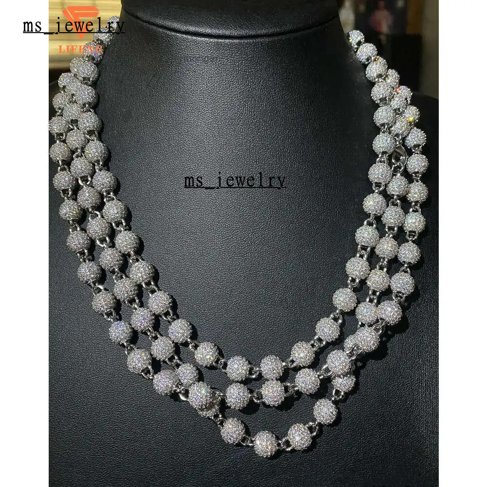 Hip Hop Jewelry Iced Out 925 Sterling Silver Full Moissanite Necklace Bling Round Diamond Ball Chain
