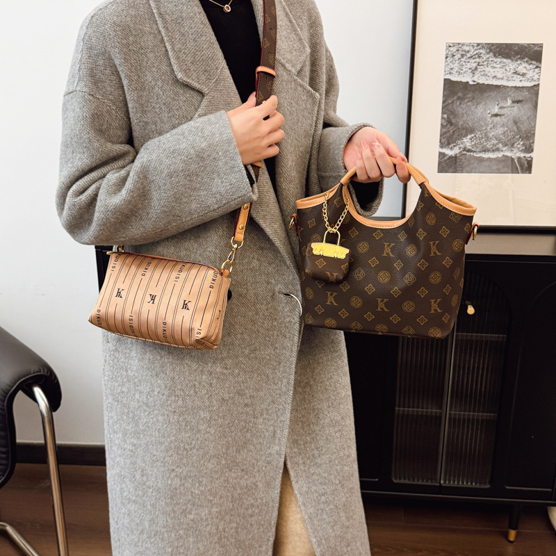 Women's Printed Shoulder Bucket Bag, Minimalist PU Handbag with Pleated Half-Moon Design - Extra Large, Structured, Two Straps, Hasp Closure, Cell P
