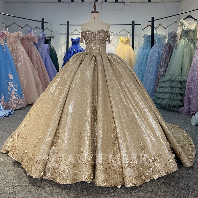 Gold Shiny Princess Sweet 16 robe robe quinceanera robes appliques fleur perle tull fête anniversaire vestidos 15 de anos
