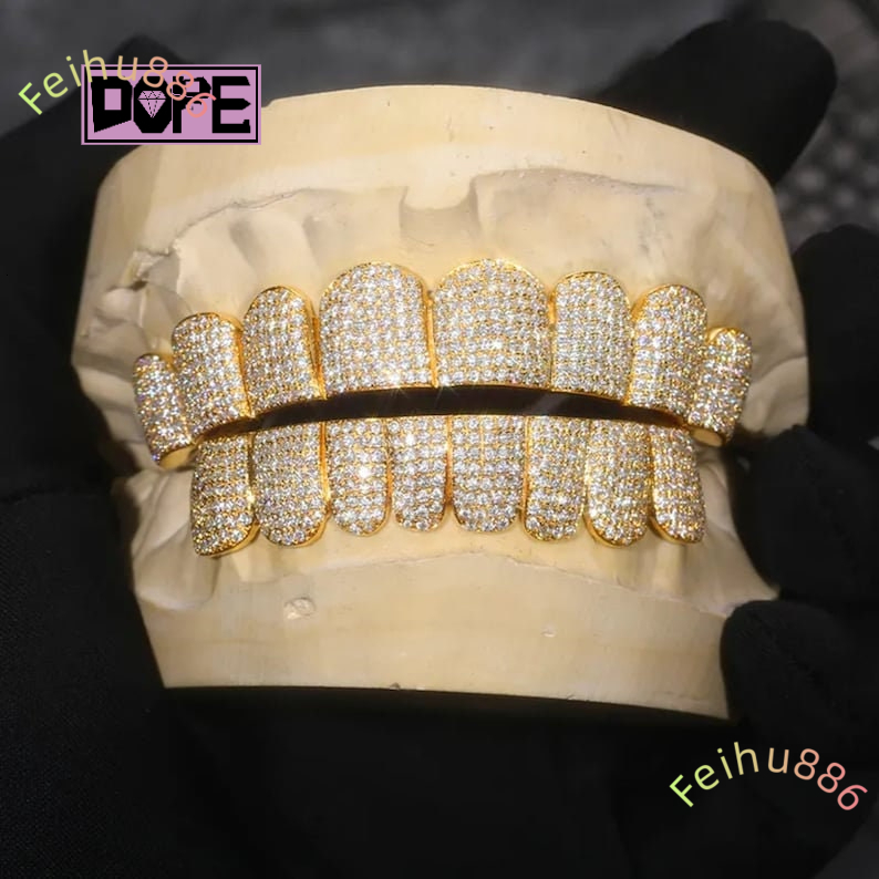Hip Hop Custom Moissanite Grillz 10 Top 10 Bottom 925 Sterling Sliver Iced Out Vvs Diamond Moissanite Grillz