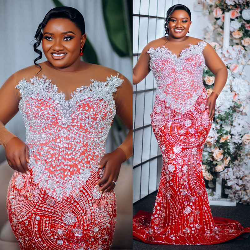 Luxueuse taille plus taille de sirène rouge robes de soirée robes de soirée pour les femmes noires africaines en dentelle en dentelle longue illu