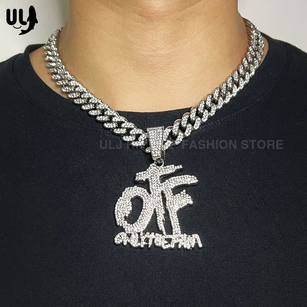ULJ 12mm Hip Hop Bling Rhinestone Cuban Link Chain for Women Men Silver Color OTF Letter Pendant Necklaces Jewelry 250812
