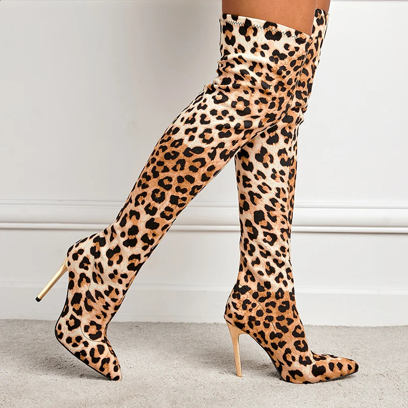 Womens Long Boots Fashionable Slim Heels and Leopard Print Sexy Nightclub Style One Kick Elastic Plus Size Womens Boots 250815