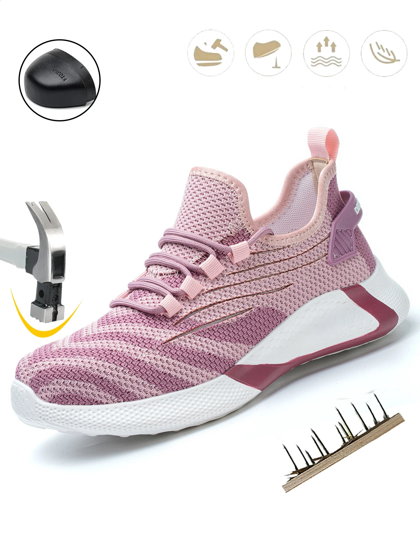 Pink Womens Safety Chaussures acier tête anti-smash léger doux, chaussures de travail respirantes pour femmes chaussures de sécurité industrielle