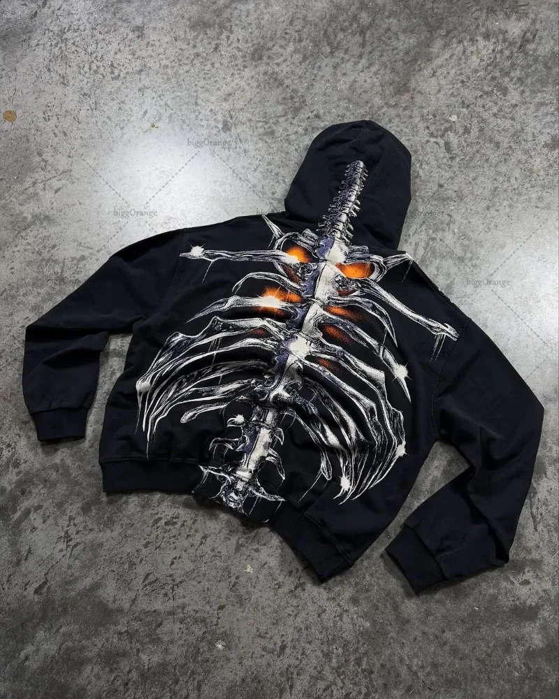 High Street Harajuku Retro Streetwear Tracksuit Men Gothic Punk Skull Graphic Hoodie Y2K Casual Dark Oversized Sweatshirt 250815