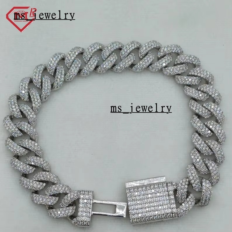 Custom Cuban Link Bracelet 3 Rows 925 Sterling Silver Iced Out Gold Plated Moissanite Cuban Chain
