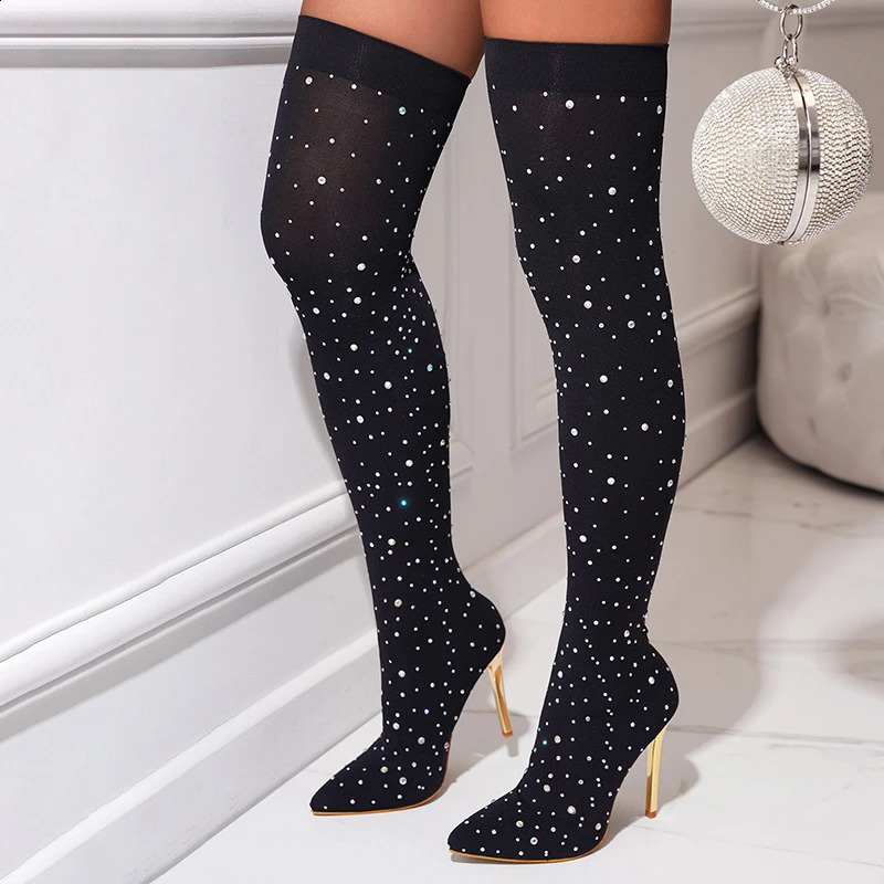 Fashion Sequin Crystal Stretch Fabric Sock Over-the-Knee Boots Sexy Pointed Toe Woman Gilded Stiletto Heel Shoe Boots Women 250815