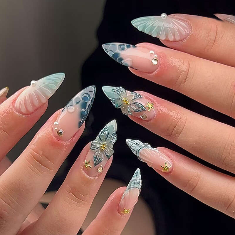 24Pcs False Nails Press On Nail 3D Blue Bubble Flash Dia Pearl Gradient Starfish Elegant Ins Style Detachable Nail Art X250817