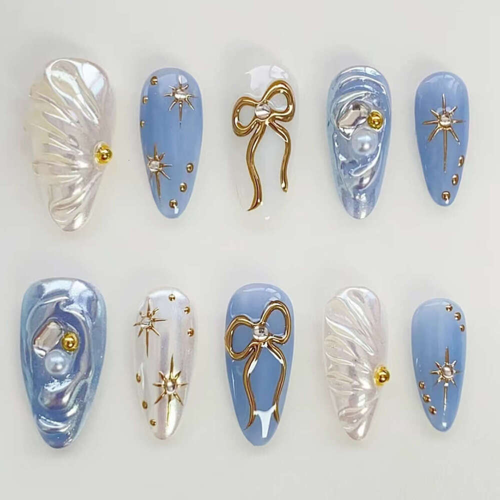 24Pcs False Nails Press On Nail 3D Ocean Blue Gold-Plated Sparkling Dia Bow Starburst Wave Pattern Elegant Ins Style Detachable Nail Tips X250817