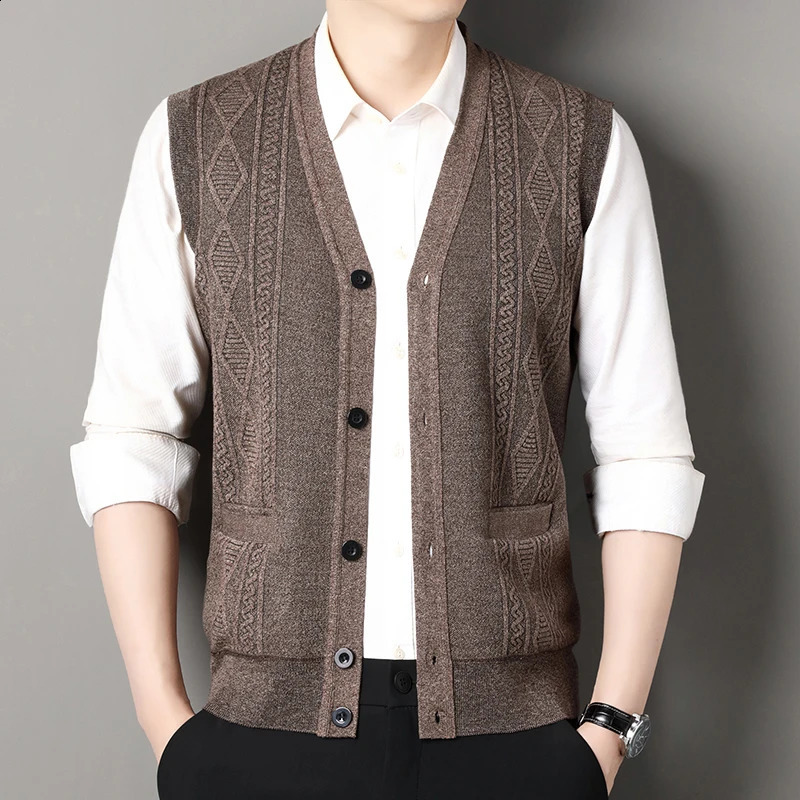 Autumn Winter Mens Vest Casual Sweater Vests Button Up Cardigan Vneck Fashion Knitted Cardigans 250813