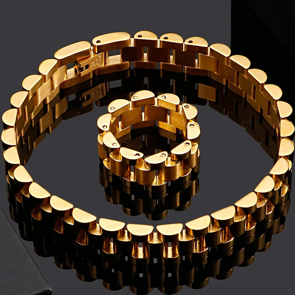 Bracelet de chaîne de montre de 10 mm de large hommes Bracelets en acier inoxydable de couleur dorée pour femmes riches à la main 250814