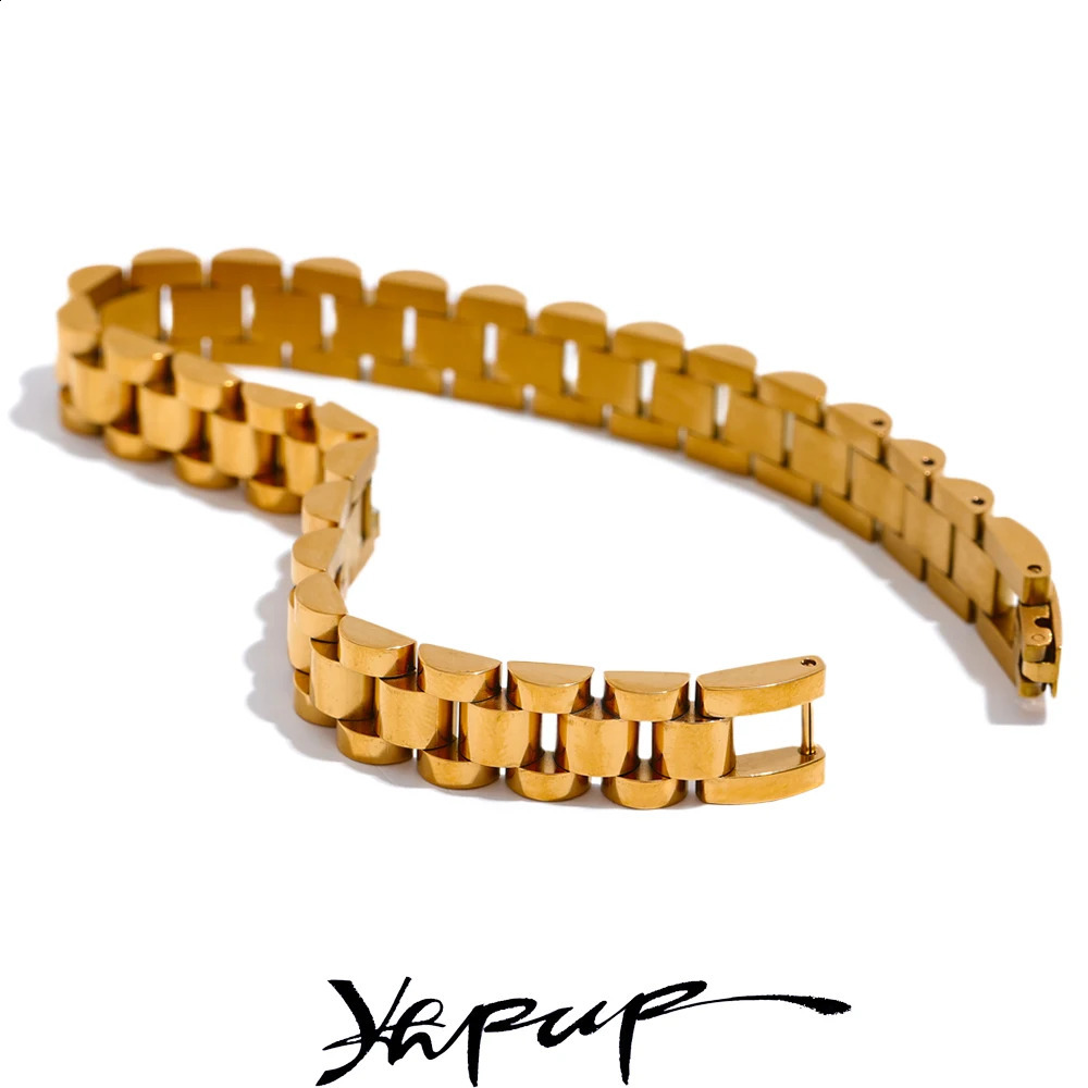 Yhpup 21cm Men Stainless Steel Metal Watch Band Cuban Chain Bracelet Bangle Statement 18K Gold Plated Waterproof Jewelry Bijoux 250814