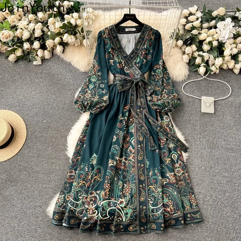 Vintage Women Party Dress Lantern Sleeve Bandage Slim Waist Print Long Robe Femme 2025 Vestidos De Mujer Big Swing Maxi Dresses 250808