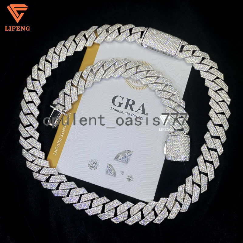 Hiphop Jewelry Set 20MM Rows Diamond Cuban Link Chain Necklace Set Bracelet Iced Out Silver VVS Moissanite Miami Cuban Chains