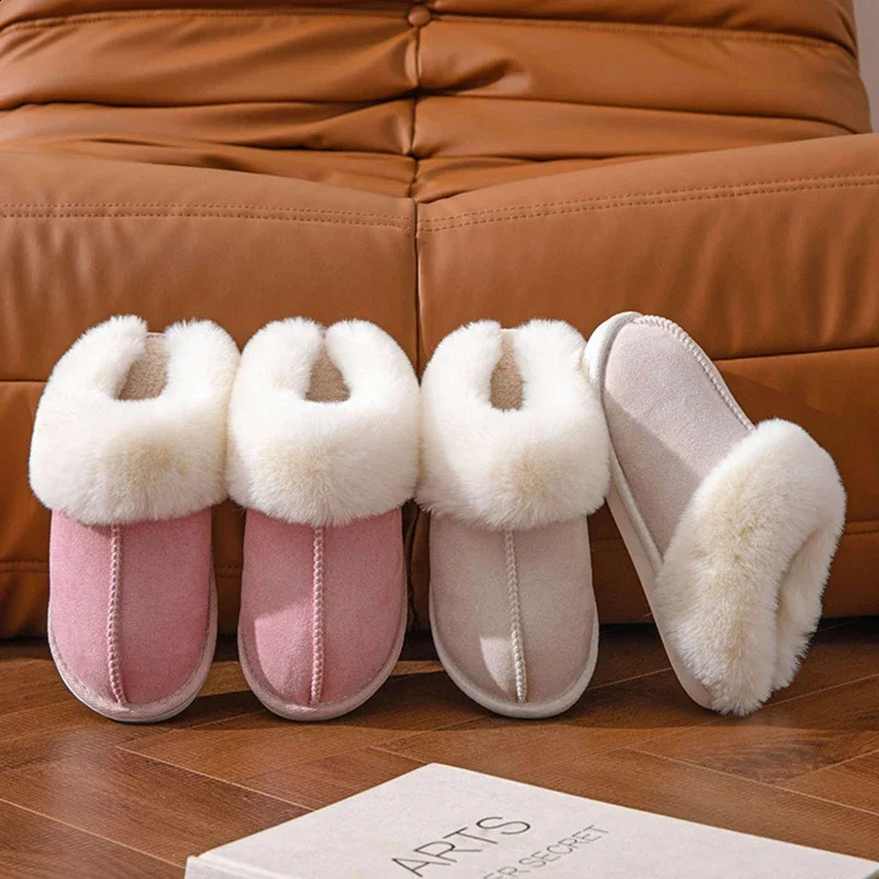 2024 Winter Warm Flat Fur Slippers Women Faux Suede Fluffy Furry Home Slides Woman Comfort Non Slip Indoor Floor Cotton Shoes 250814
