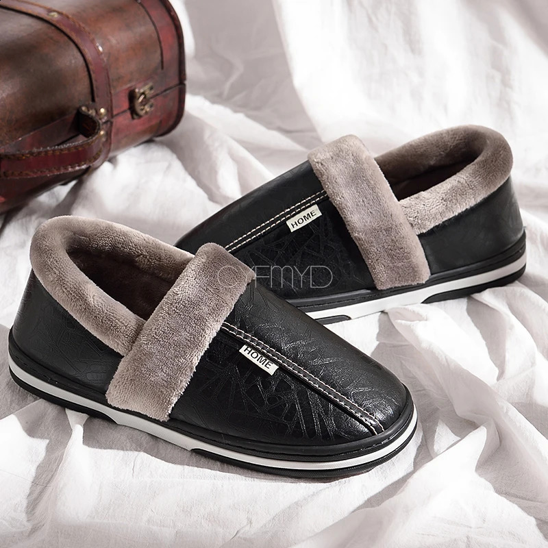 Mens Home Winter Slippers Home Warm Shoes Thick Bottom Plush Waterproof PU Leather Home Couples Cotton Flat Couple Shoes 250814
