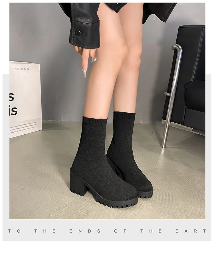 Spring and autumn short boots womens elastic black boots cover feet foreign gas warm wool knitted socks boots non-slip 250815