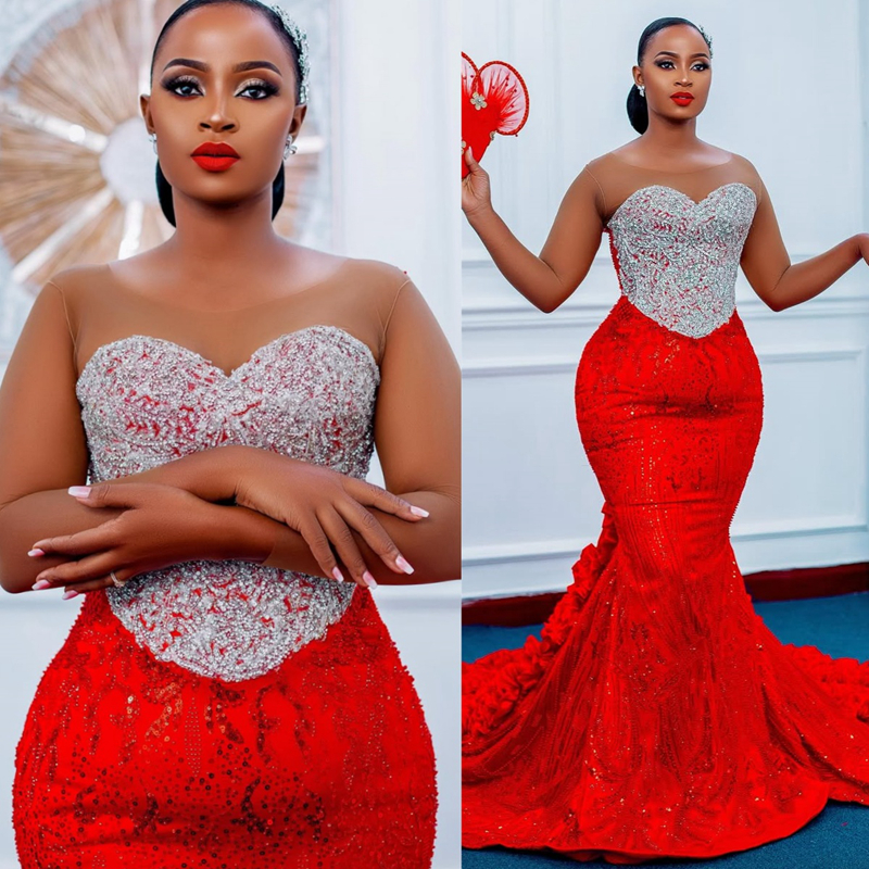 Plus taille de sirène rouge robes de soirée robes de soirée pour les femmes noires africaines illusion couche en dentelle en dentelle en dentelle