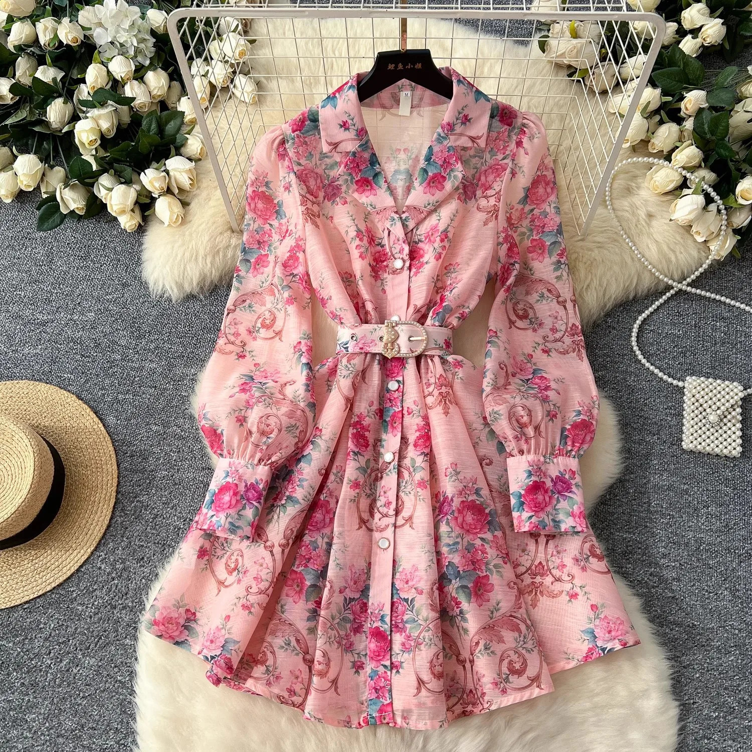 Spring Fashion Holiday Flower Print Short Dress Women Long Lantern Sleeve Notched Pearl Buttons Belted Mini Party Vestidos 250808