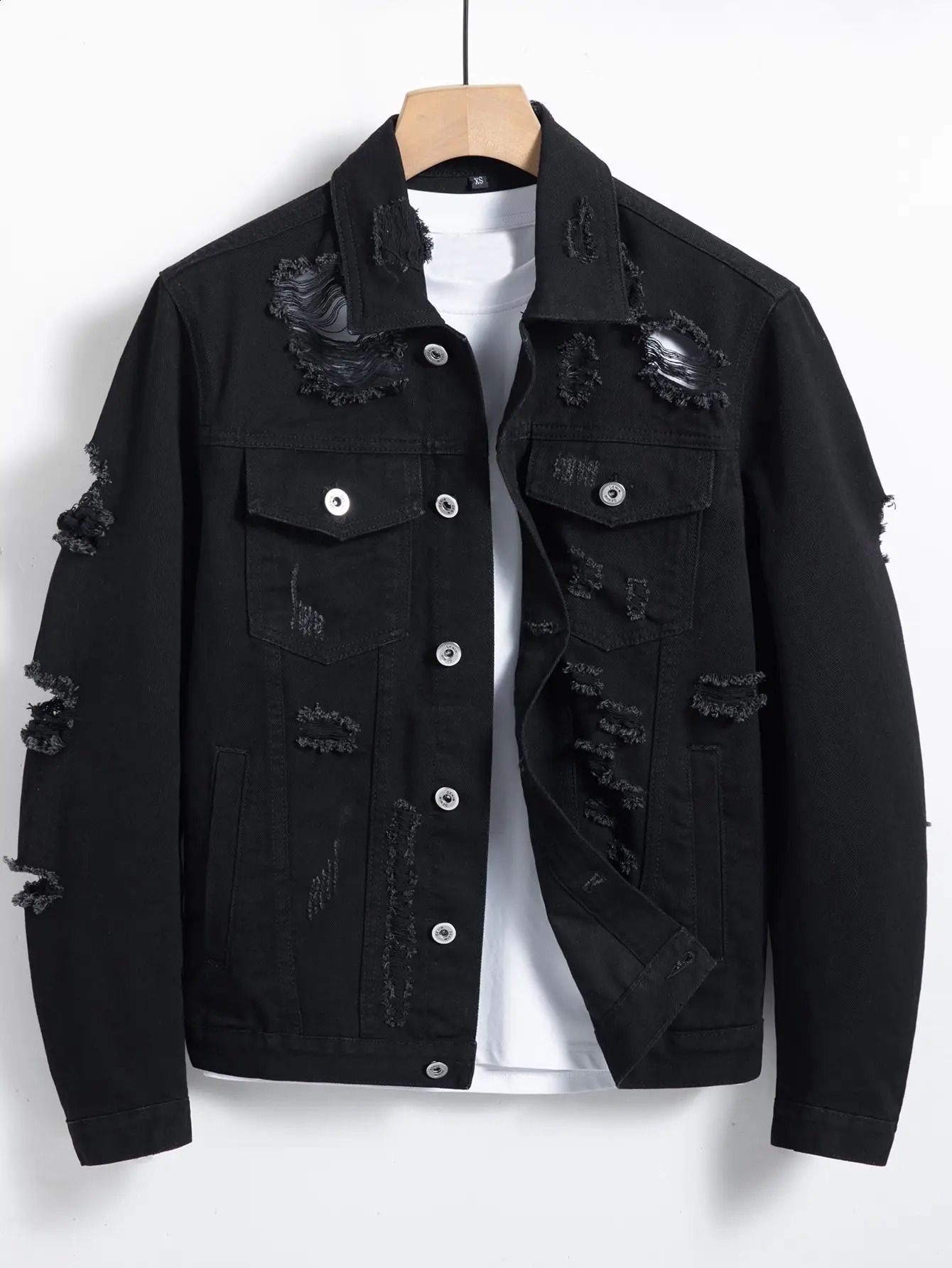 Mens denim jacket for spring and autumn. Black ripped jacket. Street - style trendy and retro. For daily casual wear. 250815
