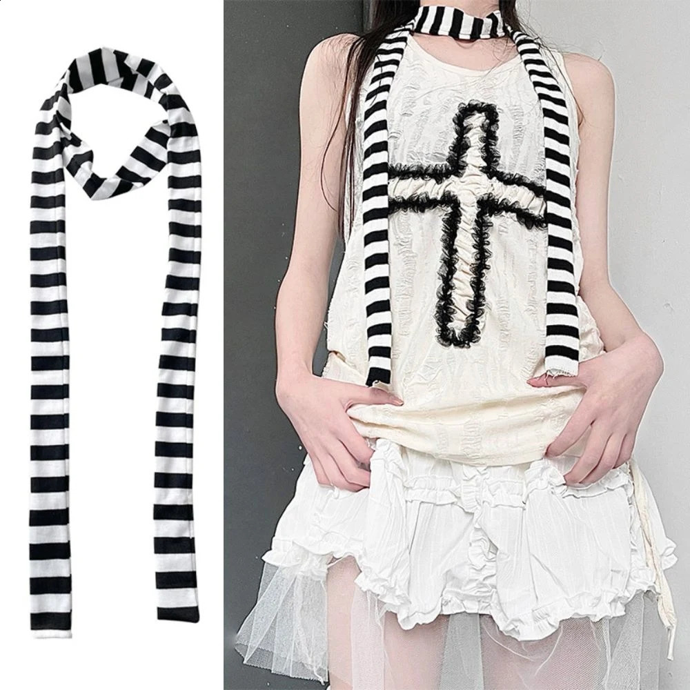 Harajuku rétro Strip nekscarf femmes 100% coton longs foulards y2k gris rouge noir rayé écarf de mode streetwear 250811
