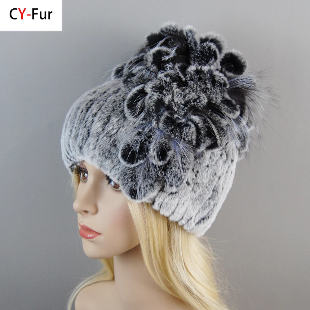 Women Fur Hat For Winter Handmade Natural Rex Rabbit Fox Fur Cap Russian Female Fur Headgear Warm Beanies Cap250812