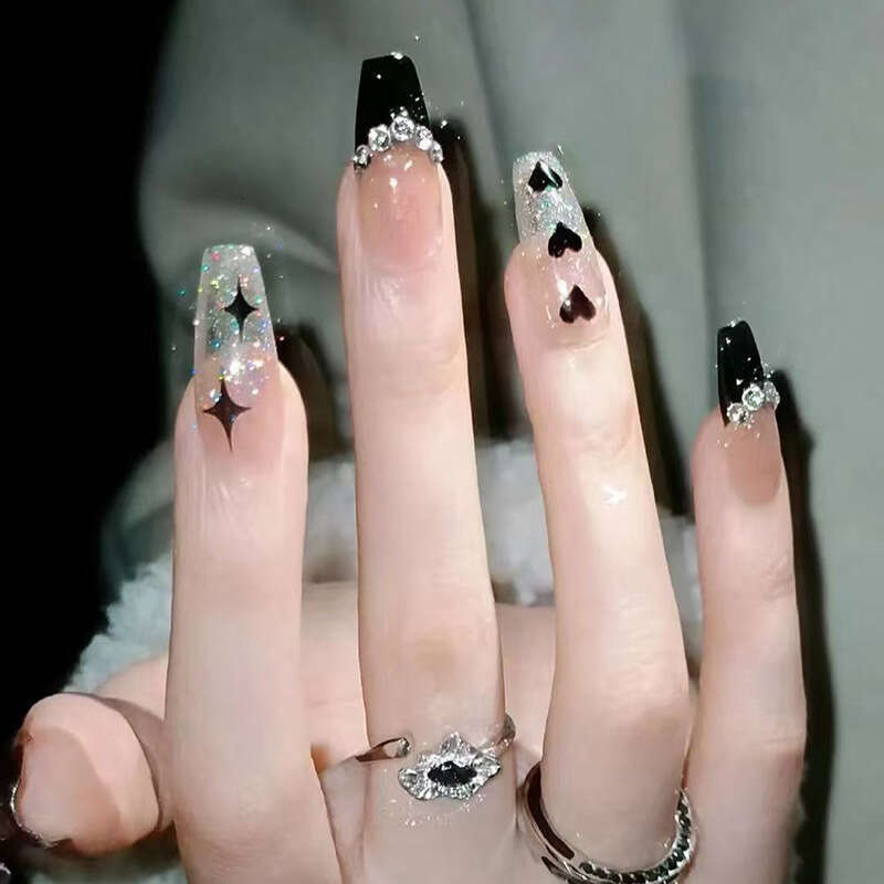 24Pcs Press On Nails Black Sparkling Dia French Heart Star Mid-Length Ballet Sweet Cool Fashion Ins Style Wearable Nails Fake Nail Patch X250817